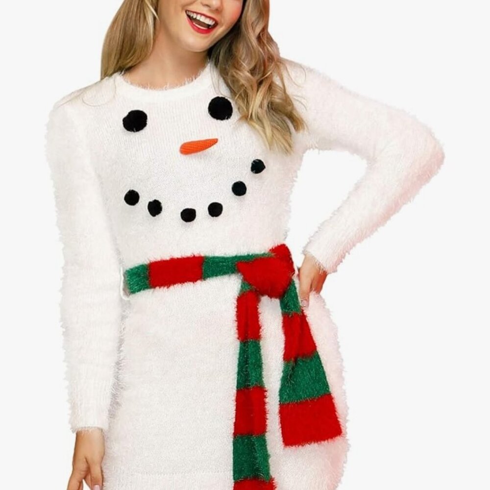 Soft and fluffy White Snowman Sweater dress, tunic length sweater